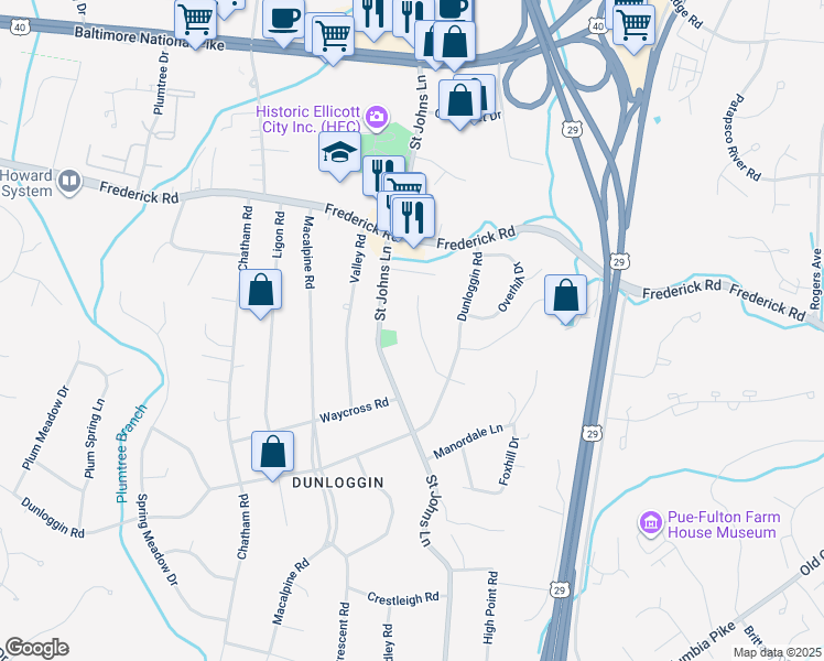 map of restaurants, bars, coffee shops, grocery stores, and more near 3696 Meadowvale Road in Ellicott City