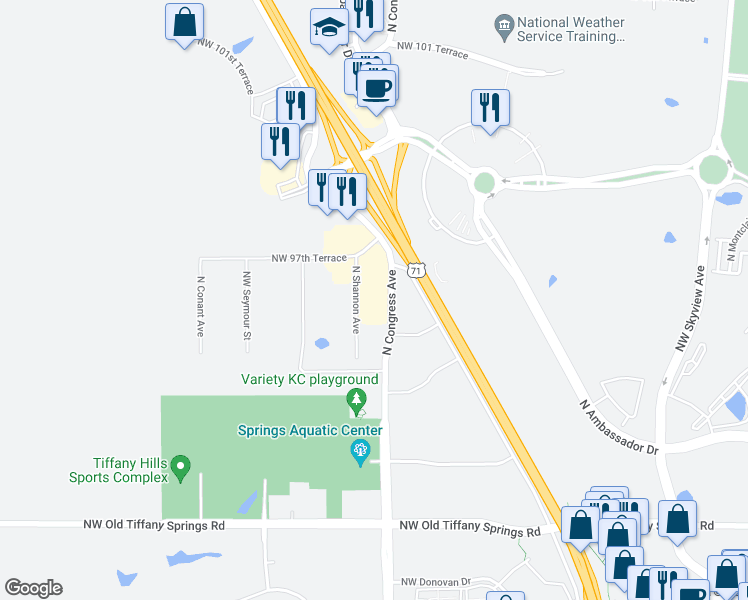 map of restaurants, bars, coffee shops, grocery stores, and more near 9650 Northwest Prairie View Road in Kansas City