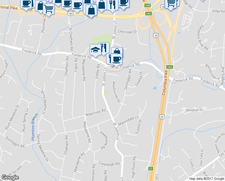 map of restaurants, bars, coffee shops, grocery stores, and more near 3696 Meadowvale Road in Ellicott City