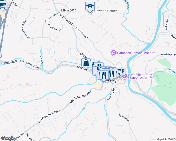 map of restaurants, bars, coffee shops, grocery stores, and more near 8435 Frederick Road in Ellicott City