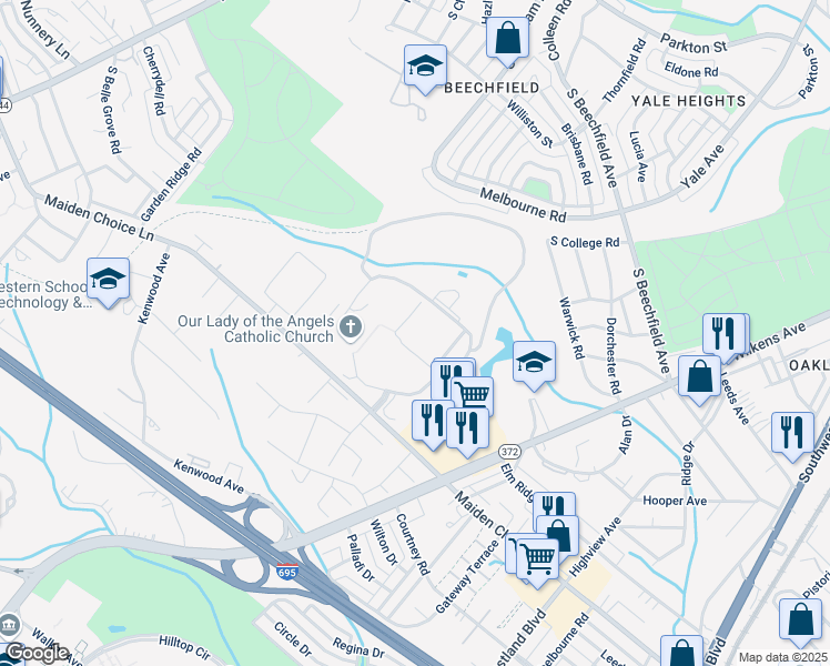map of restaurants, bars, coffee shops, grocery stores, and more near 715 Maiden Choice Lane in Catonsville