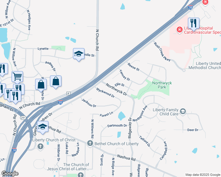 map of restaurants, bars, coffee shops, grocery stores, and more near 997 Northwyck Drive in Liberty
