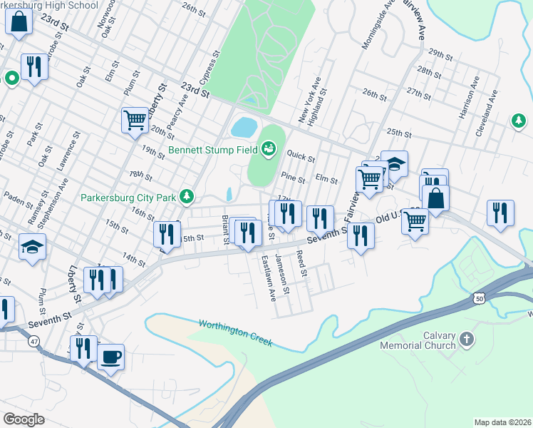 map of restaurants, bars, coffee shops, grocery stores, and more near 2140 16th Street in Parkersburg