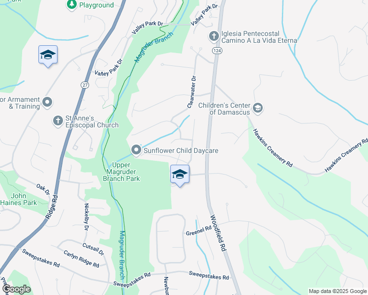 map of restaurants, bars, coffee shops, grocery stores, and more near 25113 Angela Court in Damascus