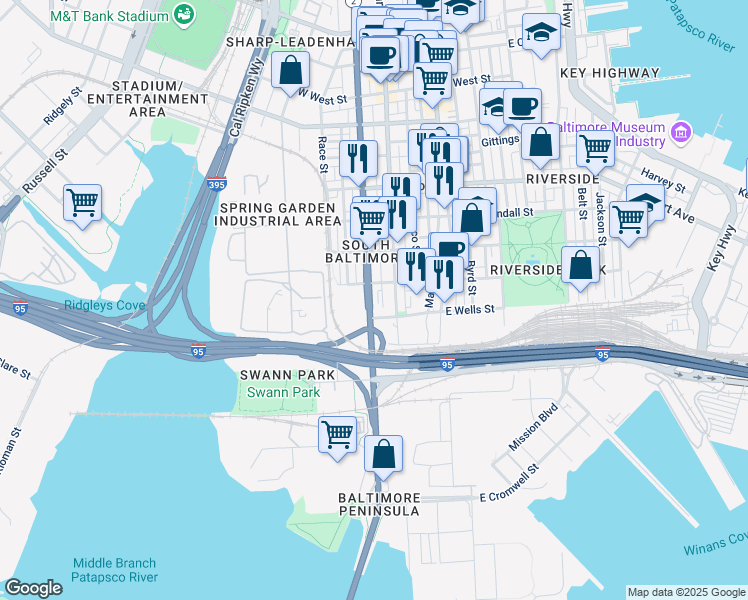 map of restaurants, bars, coffee shops, grocery stores, and more near 1829 South Hanover Street in Baltimore