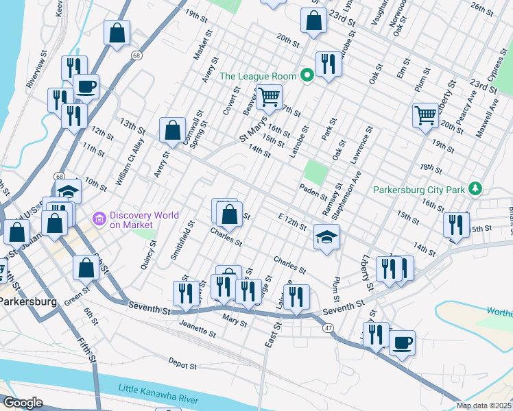 map of restaurants, bars, coffee shops, grocery stores, and more near 1210 Latrobe Street in Parkersburg
