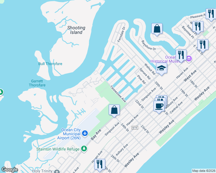 map of restaurants, bars, coffee shops, grocery stores, and more near 1 Shelter Road in Ocean City