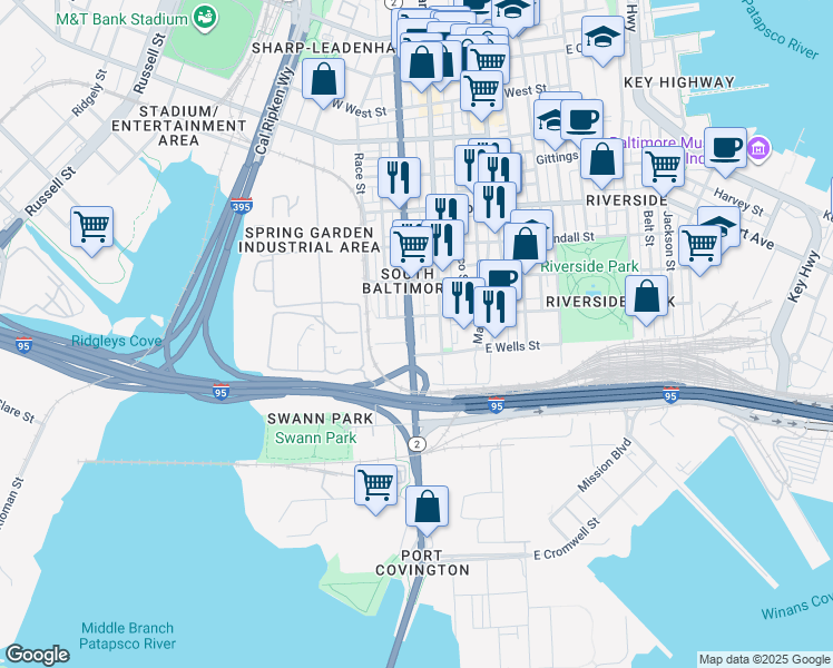 map of restaurants, bars, coffee shops, grocery stores, and more near 1829 South Hanover Street in Baltimore