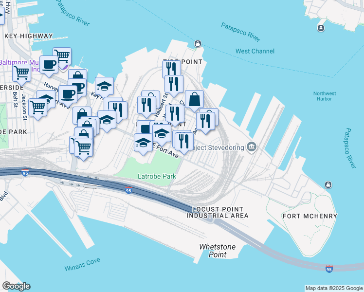 map of restaurants, bars, coffee shops, grocery stores, and more near 1431 Richardson St in Baltimore