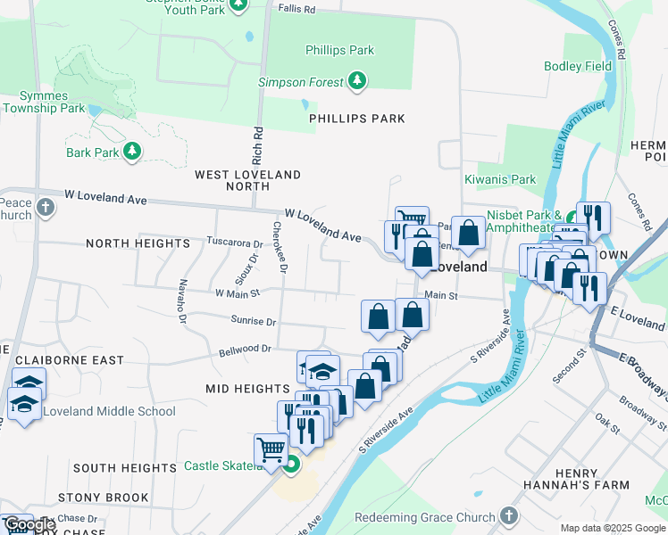 map of restaurants, bars, coffee shops, grocery stores, and more near 718 Main Street in Loveland