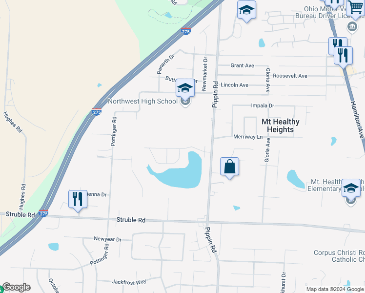 map of restaurants, bars, coffee shops, grocery stores, and more near 10655 Pippin Road in Cincinnati