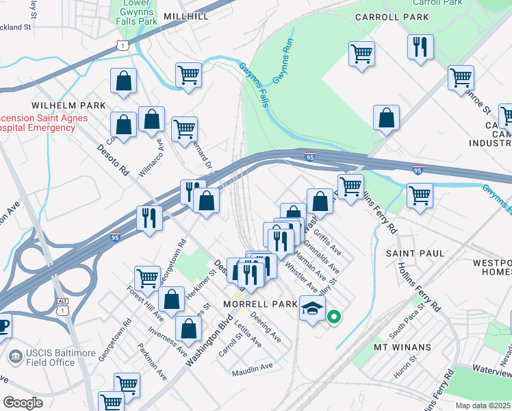 map of restaurants, bars, coffee shops, grocery stores, and more near 1601 Harman Avenue in Baltimore