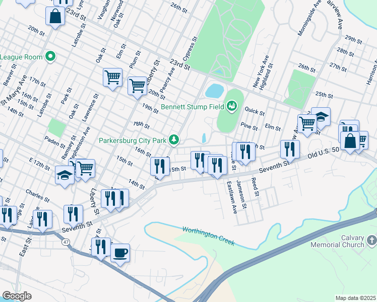 map of restaurants, bars, coffee shops, grocery stores, and more near 2027 16th St in Parkersburg