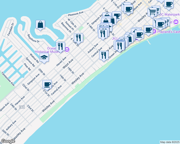 map of restaurants, bars, coffee shops, grocery stores, and more near 1670 Boardwalk in Ocean City