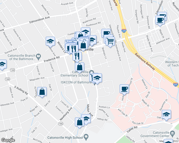 map of restaurants, bars, coffee shops, grocery stores, and more near 102 Bloomsbury Avenue in Catonsville