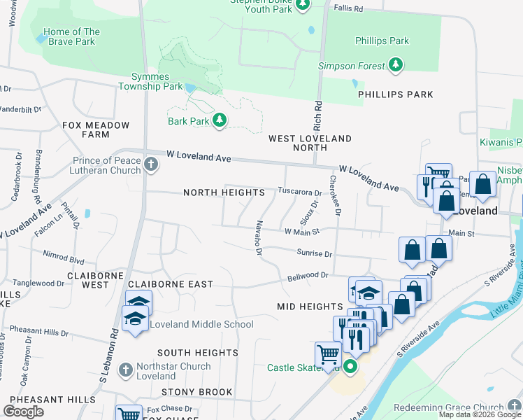 map of restaurants, bars, coffee shops, grocery stores, and more near 233 Navaho Drive in Loveland