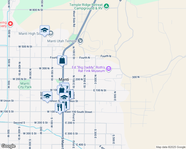 map of restaurants, bars, coffee shops, grocery stores, and more near 395 North 300 East in Manti