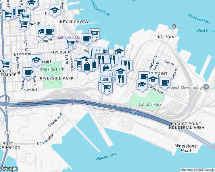 map of restaurants, bars, coffee shops, grocery stores, and more near Whetstone Way in Baltimore