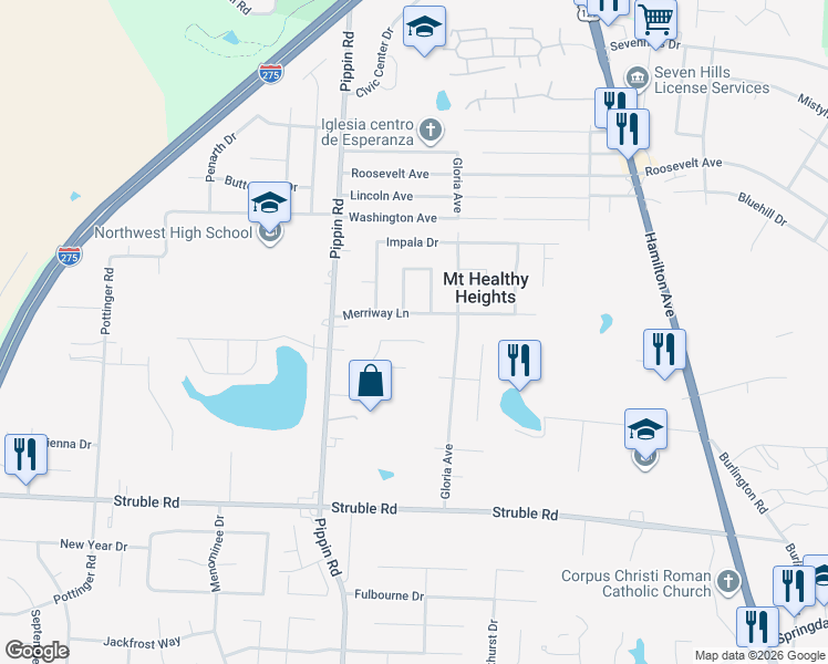 map of restaurants, bars, coffee shops, grocery stores, and more near 2609 Merrittview Lane in Cincinnati