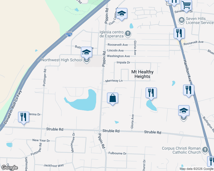 map of restaurants, bars, coffee shops, grocery stores, and more near 2670 Merrittview Lane in Cincinnati