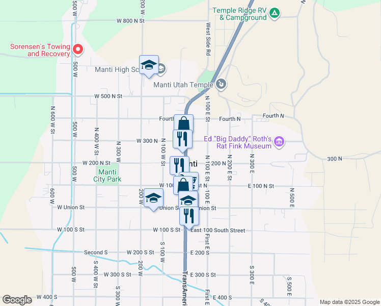 map of restaurants, bars, coffee shops, grocery stores, and more near 246 North Main Street in Manti