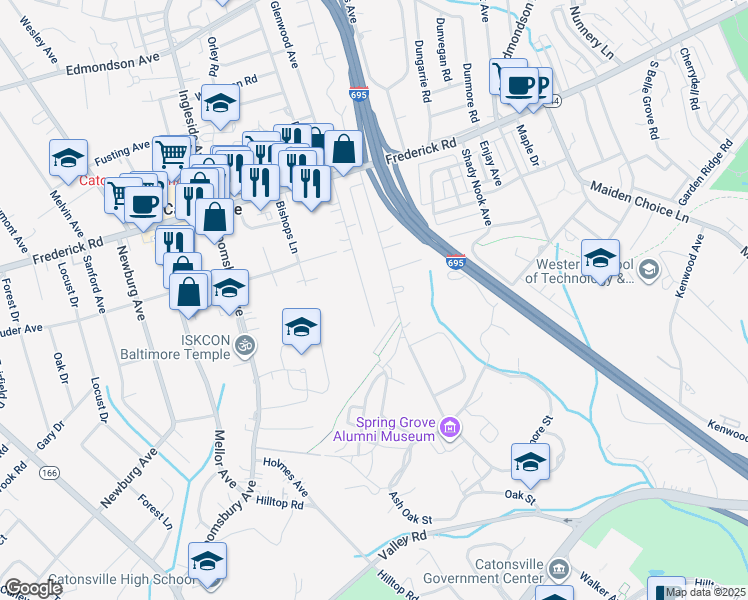map of restaurants, bars, coffee shops, grocery stores, and more near 41 Holmehurst Avenue in Catonsville