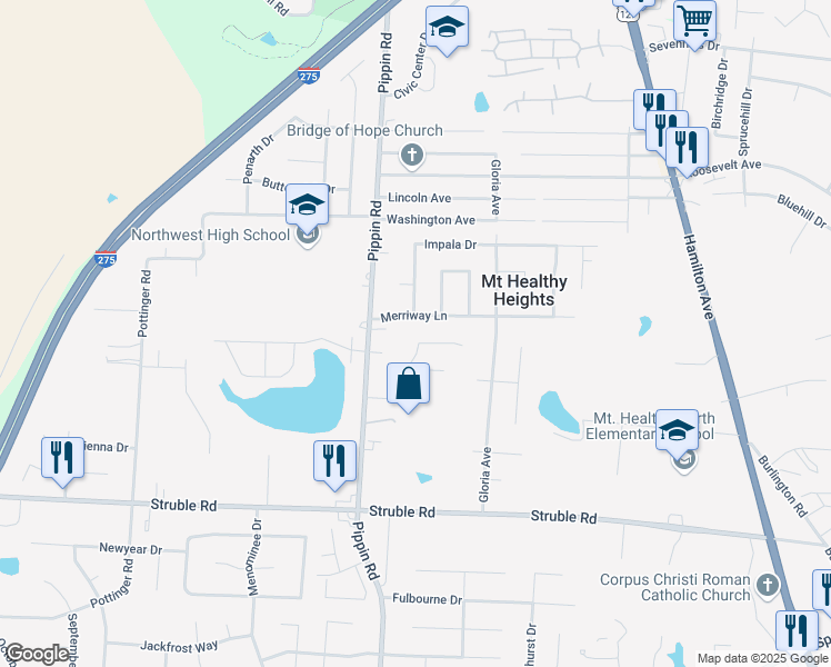 map of restaurants, bars, coffee shops, grocery stores, and more near 2630 Merrittview Lane in Cincinnati