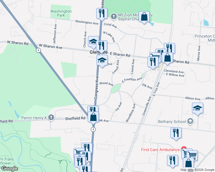 map of restaurants, bars, coffee shops, grocery stores, and more near 50 East Fountain Avenue in Cincinnati
