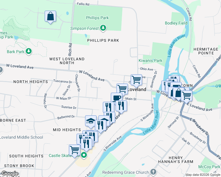 map of restaurants, bars, coffee shops, grocery stores, and more near 700 Main Street in Loveland