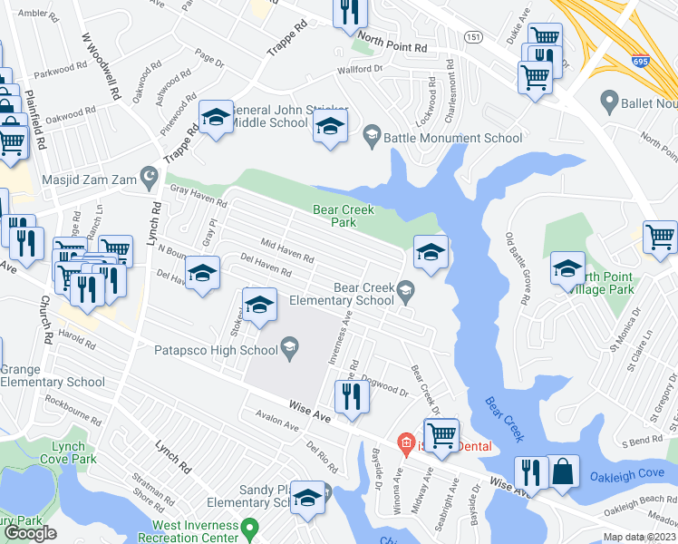 map of restaurants, bars, coffee shops, grocery stores, and more near 8171 Mid Haven Road in Dundalk