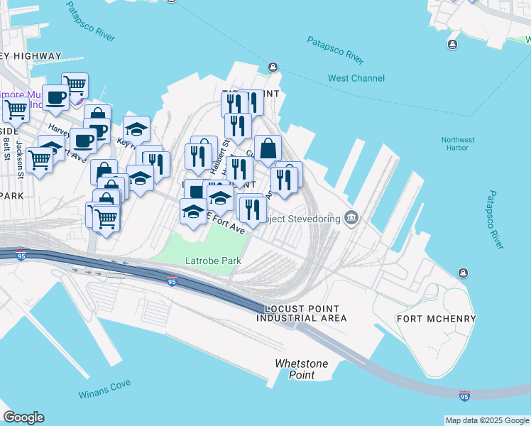 map of restaurants, bars, coffee shops, grocery stores, and more near 1411 Andre Street in Baltimore