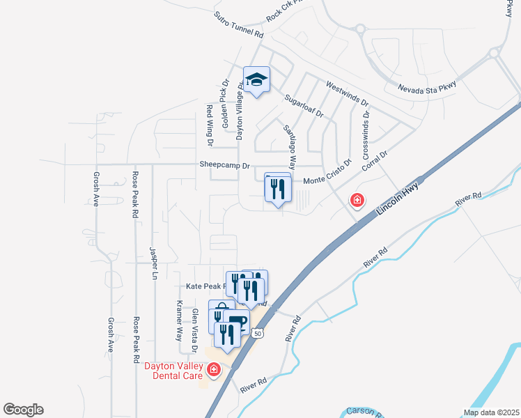 map of restaurants, bars, coffee shops, grocery stores, and more near 124 Dayton Village Parkway in Dayton