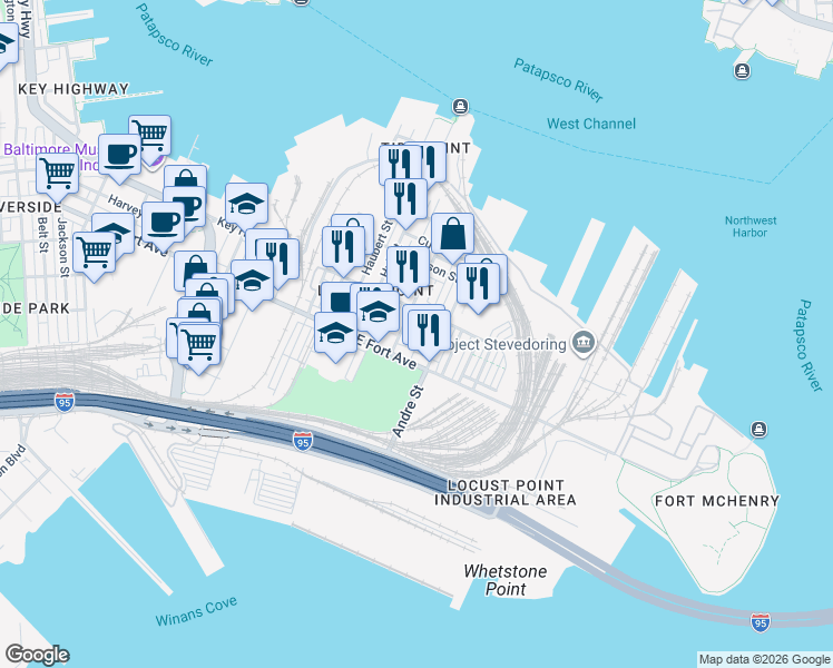 map of restaurants, bars, coffee shops, grocery stores, and more near 1422 Richardson Street in Baltimore