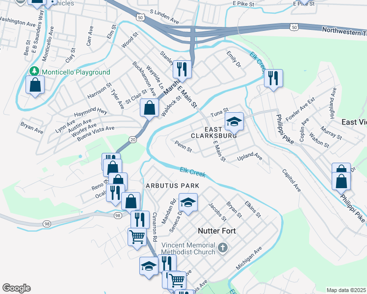 map of restaurants, bars, coffee shops, grocery stores, and more near 1237 Penn St in Clarksburg
