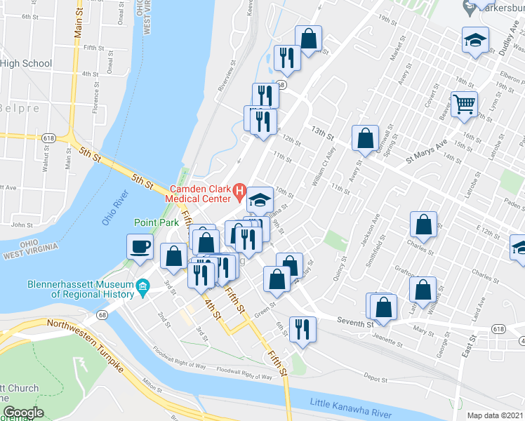 map of restaurants, bars, coffee shops, grocery stores, and more near 810 Juliana Street in Parkersburg