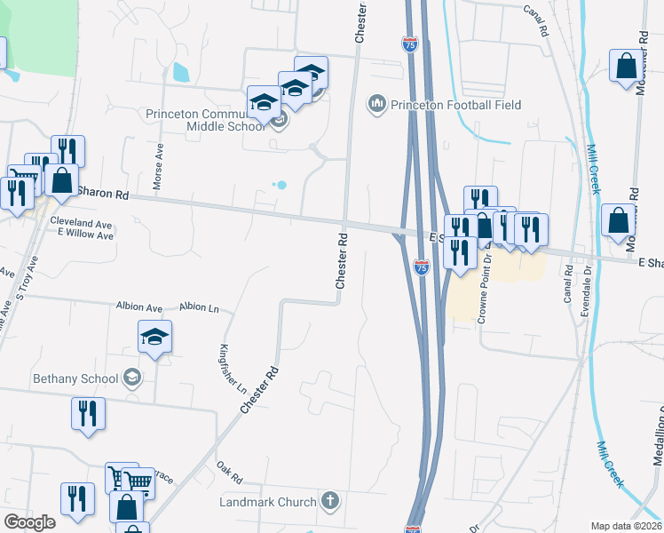 map of restaurants, bars, coffee shops, grocery stores, and more near 10877 Chester Road in Cincinnati