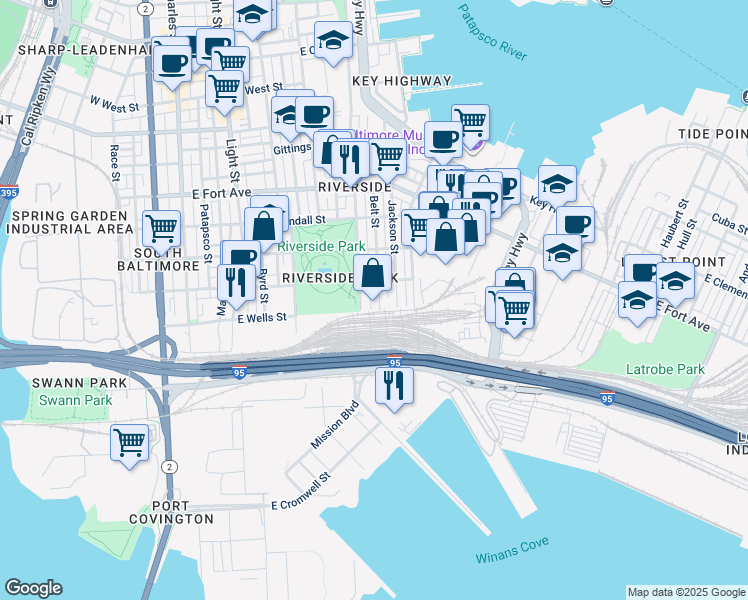 map of restaurants, bars, coffee shops, grocery stores, and more near 1828 Belt Street in Baltimore