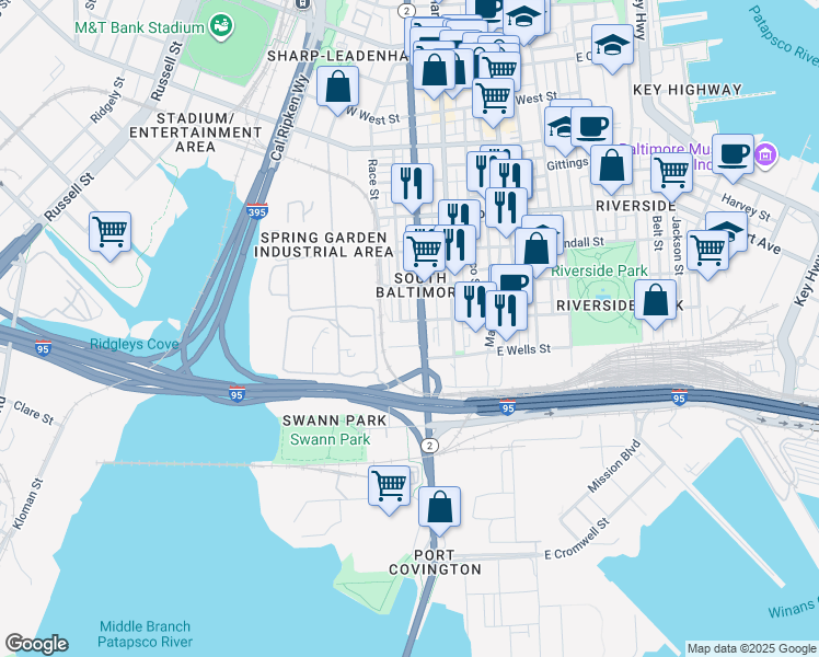 map of restaurants, bars, coffee shops, grocery stores, and more near 1800 South Hanover Street in Baltimore
