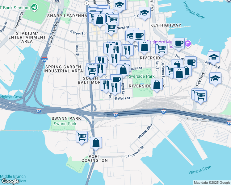 map of restaurants, bars, coffee shops, grocery stores, and more near 1813 Light Street in Baltimore