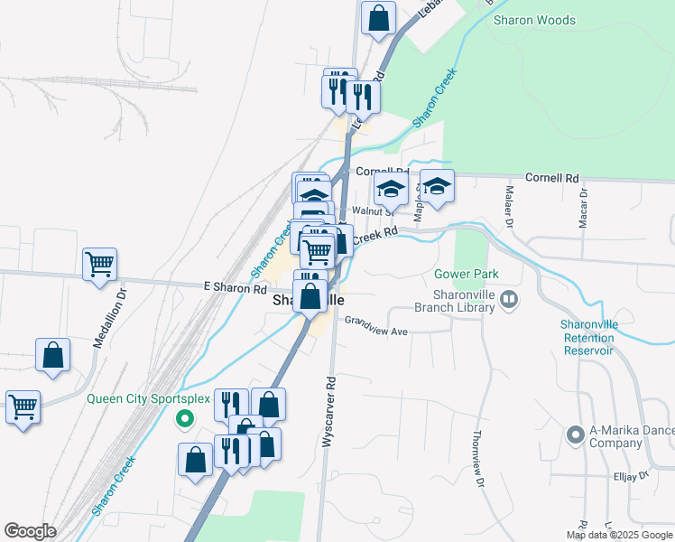 map of restaurants, bars, coffee shops, grocery stores, and more near 1201 Main Street in Cincinnati