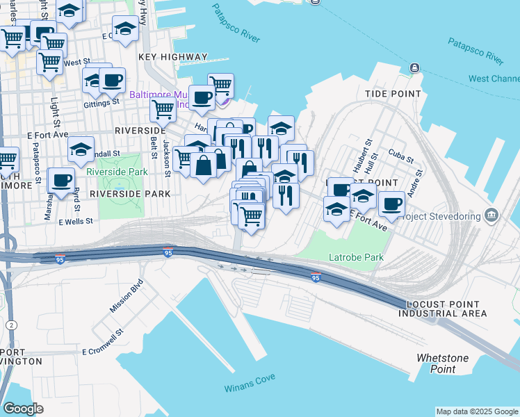 map of restaurants, bars, coffee shops, grocery stores, and more near 1601 Whetstone Way in Baltimore