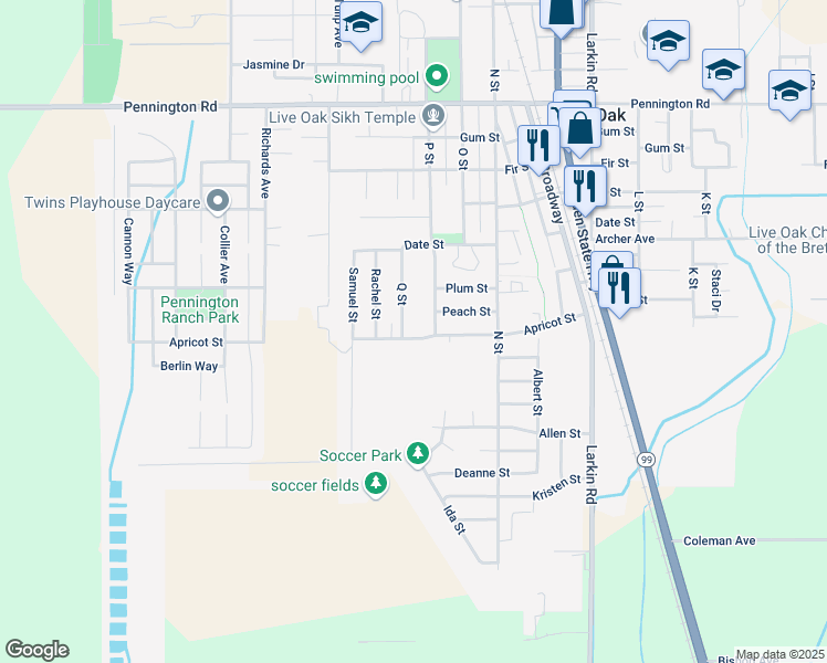 map of restaurants, bars, coffee shops, grocery stores, and more near 2788 Apricot Street in Live Oak