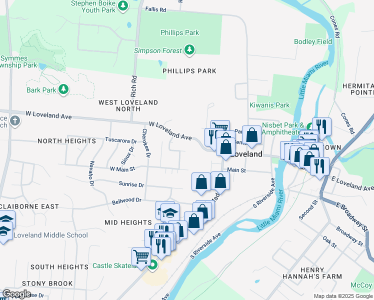 map of restaurants, bars, coffee shops, grocery stores, and more near 710 West Main Street in Loveland
