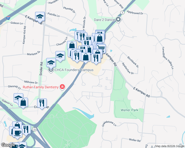 map of restaurants, bars, coffee shops, grocery stores, and more near 8863 Harper Point Drive in Cincinnati