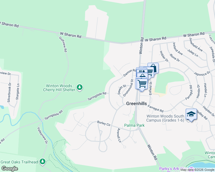 map of restaurants, bars, coffee shops, grocery stores, and more near 56 Springdale Road in Cincinnati