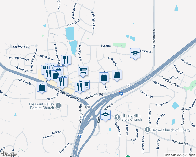 map of restaurants, bars, coffee shops, grocery stores, and more near 1540 North Church Road in Liberty