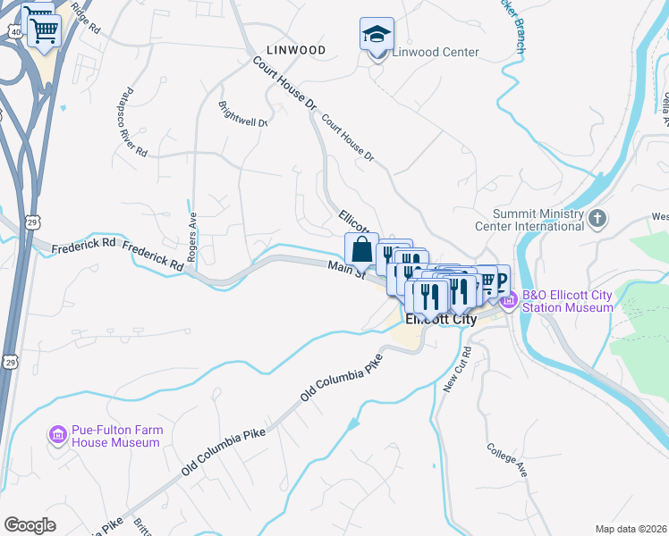 map of restaurants, bars, coffee shops, grocery stores, and more near 8473 Main Street in Ellicott City