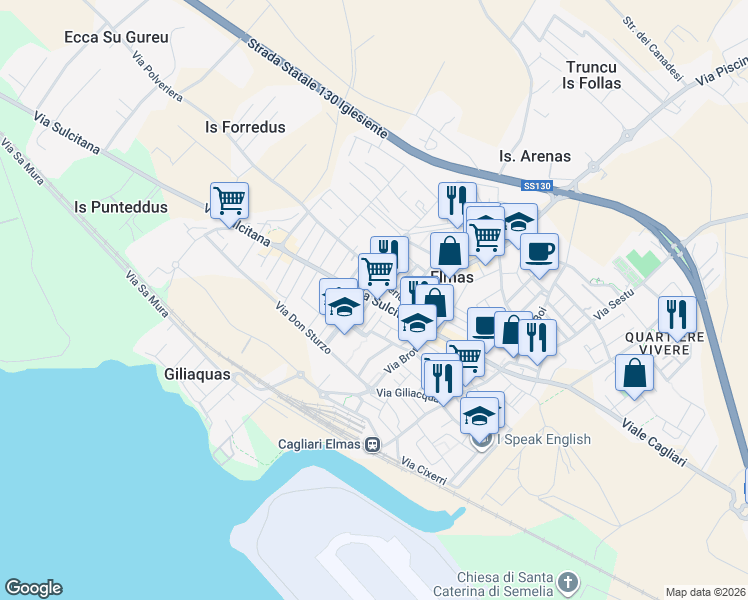 map of restaurants, bars, coffee shops, grocery stores, and more near Via Oliveto in Elmas