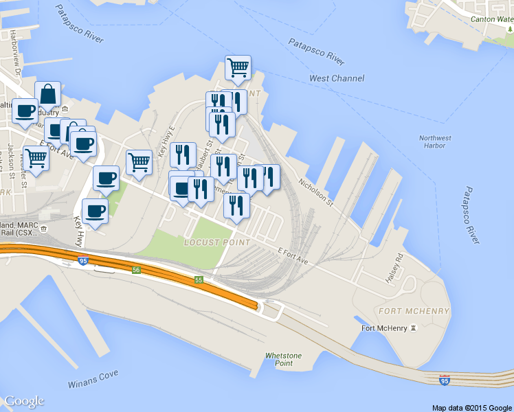 map of restaurants, bars, coffee shops, grocery stores, and more near Reynolds Street in Baltimore