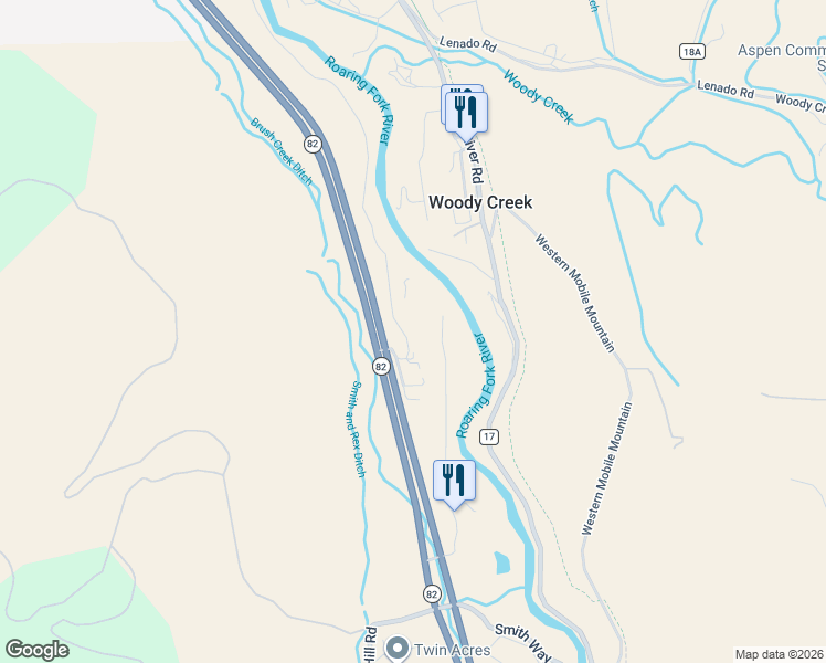 map of restaurants, bars, coffee shops, grocery stores, and more near 60 Twining Flats Road in Aspen
